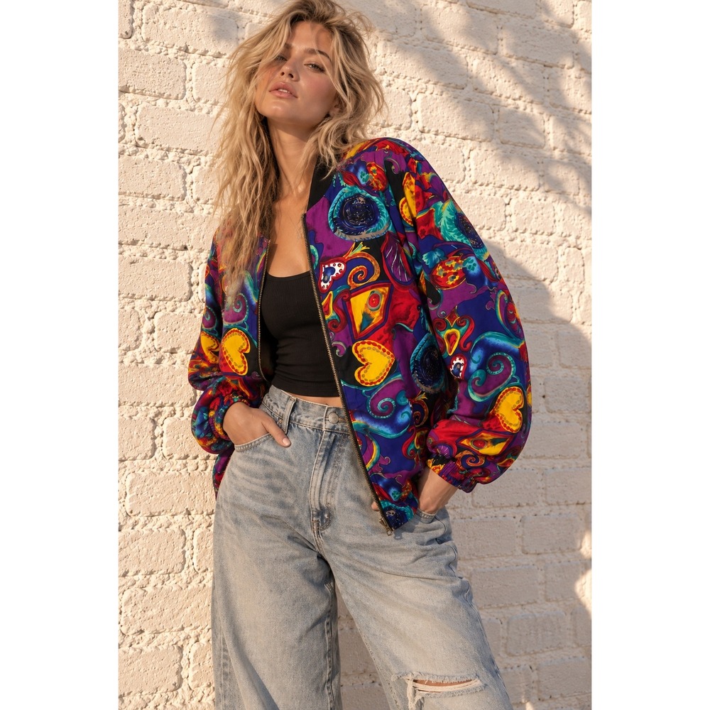 Vintage Requirements 90s Rayon Heart Abstract Print Bomber Jacket USA M